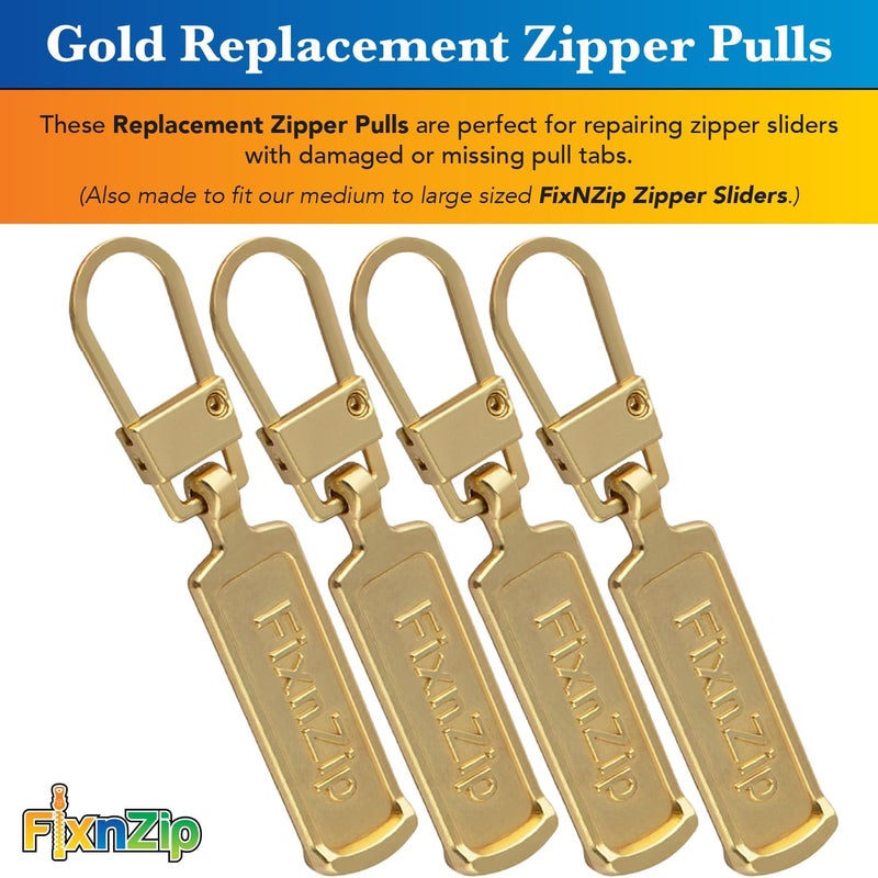 FixnZip Medium to Large Gold Zipper Pull Replacements (4-Pack) | Universal Clip-On Pull Tabs for Zipper Repair, Sliders & Luggage, Jackets, Backpacks, Tents, Sleeping Bags & Outdoor Gear - Image 2